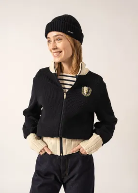 Campus Sports-inspired Cardigan - in wool, with high neck (NAVY/ECRU)