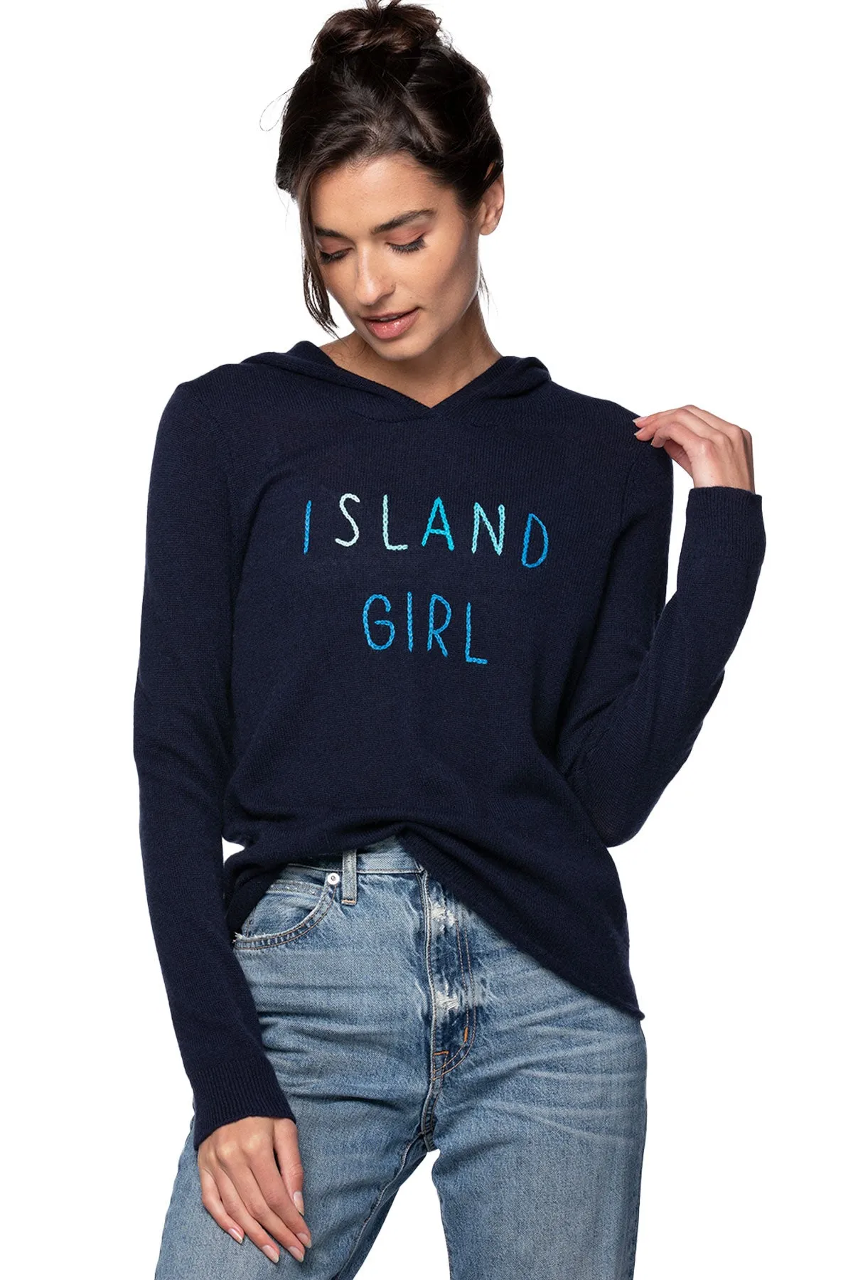 100% Cashmere Hoodie Sweater in Black with Island Girl Embroidery Stitch