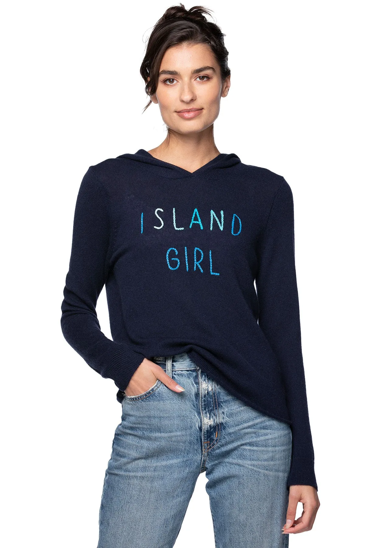 100% Cashmere Hoodie Sweater in Black with Island Girl Embroidery Stitch