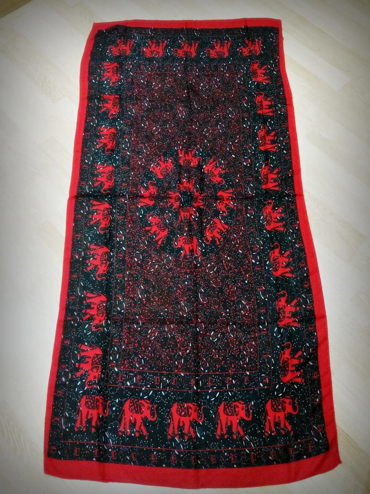 100% Organic Cotton Scarf Shawl From Thailand Elephant Mandala Red