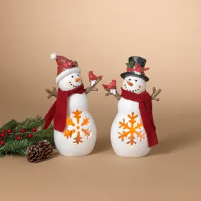 11.42 Inch High Battery Operated Lighted Resin Holiday Snowmen with Timer Set of 2