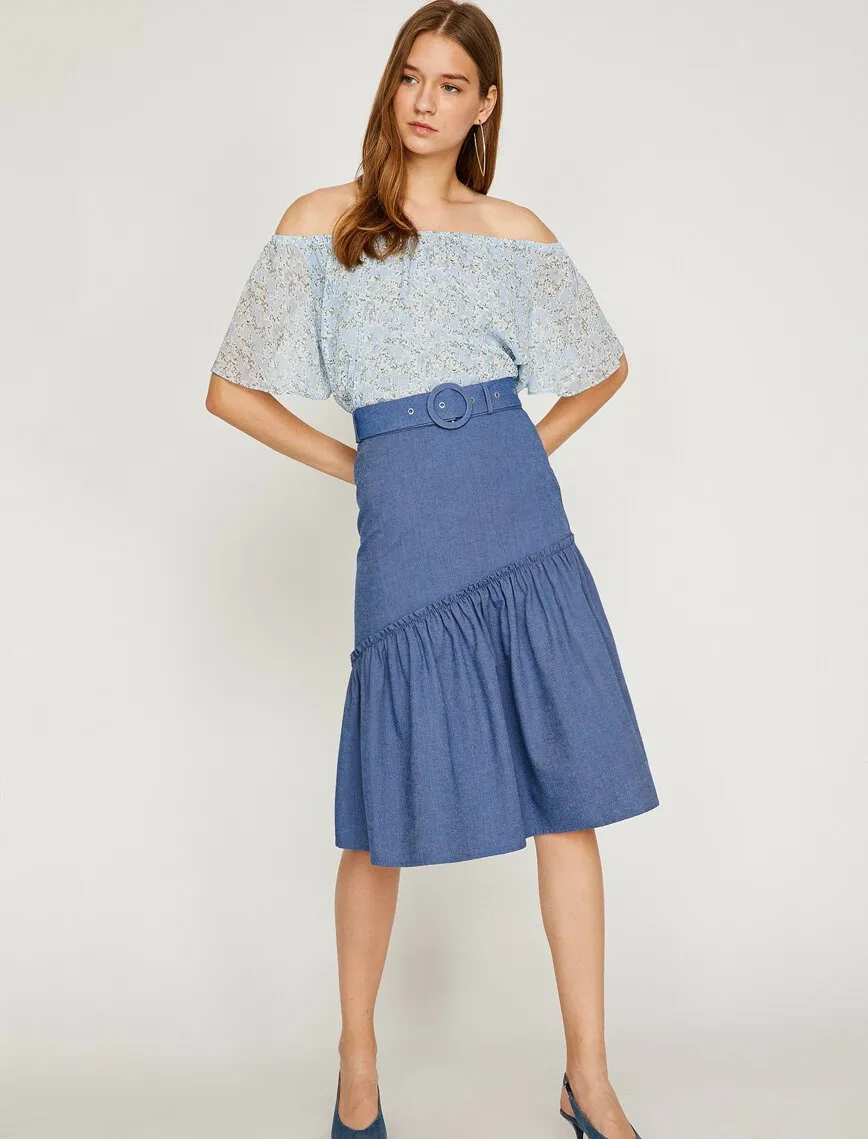 12163 Indigo Waist Detailed Midi Skirt