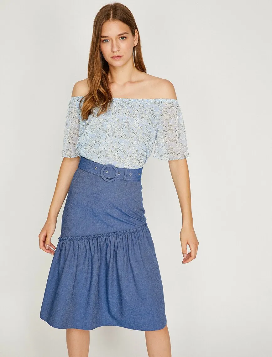 12163 Indigo Waist Detailed Midi Skirt