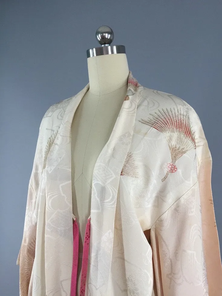 1950s Vintage Silk Kimono Cardigan / Embroidered Fans