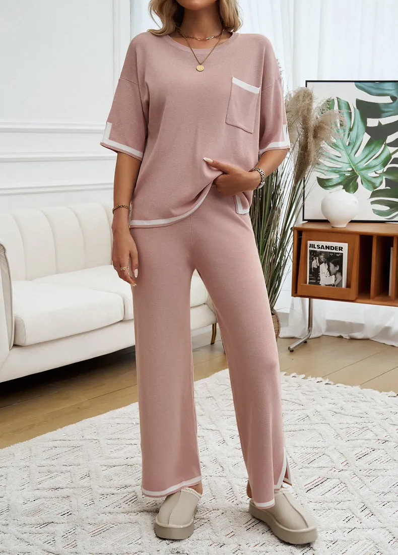 2 Piece Short Sleeve Contrasting Sweater Trouser Set