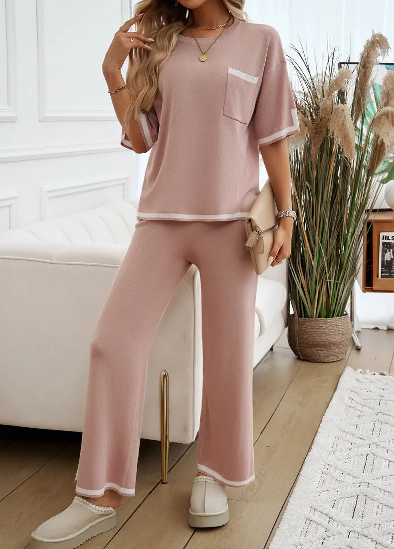 2 Piece Short Sleeve Contrasting Sweater Trouser Set