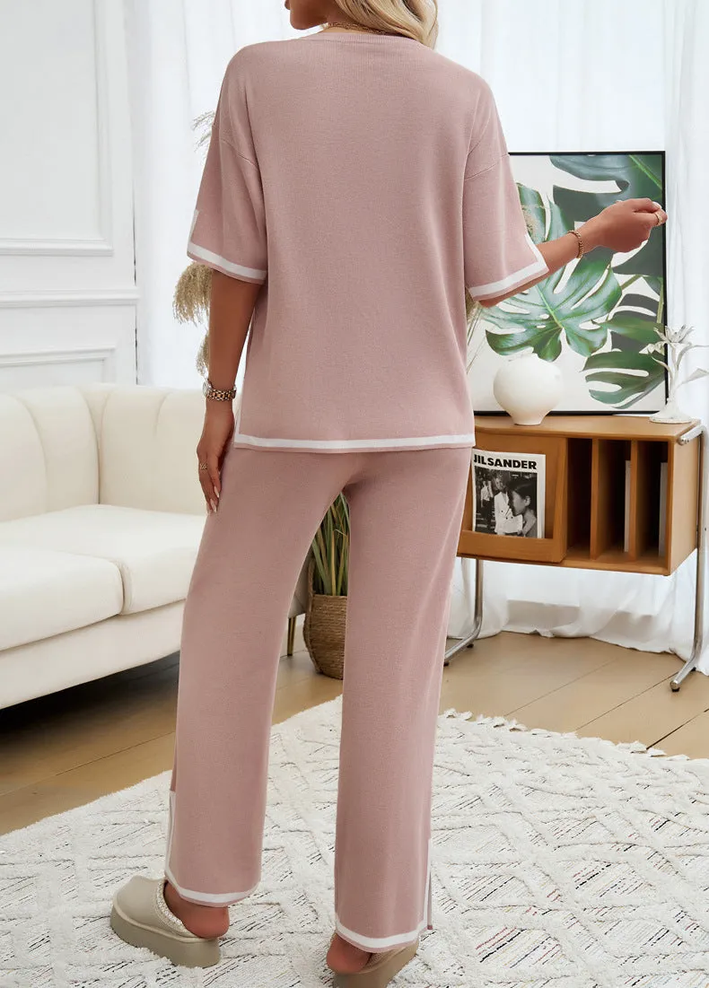 2 Piece Short Sleeve Contrasting Sweater Trouser Set