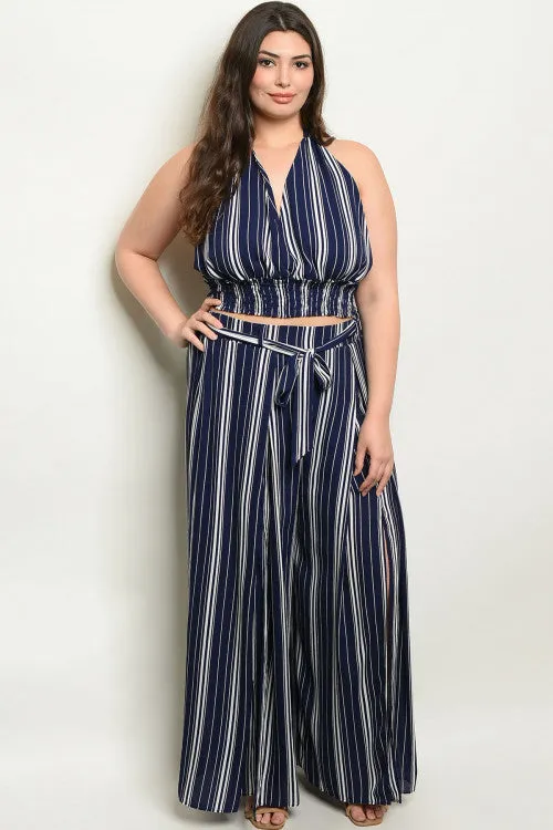 2pc Navy Blue Plus Size Palazzo Pants Set