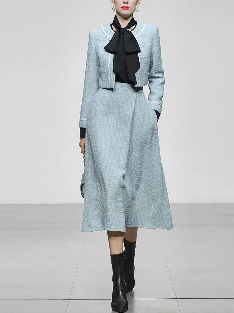 2PS Lake Blue Long Sleeve Coat With Swing Skirt Suit