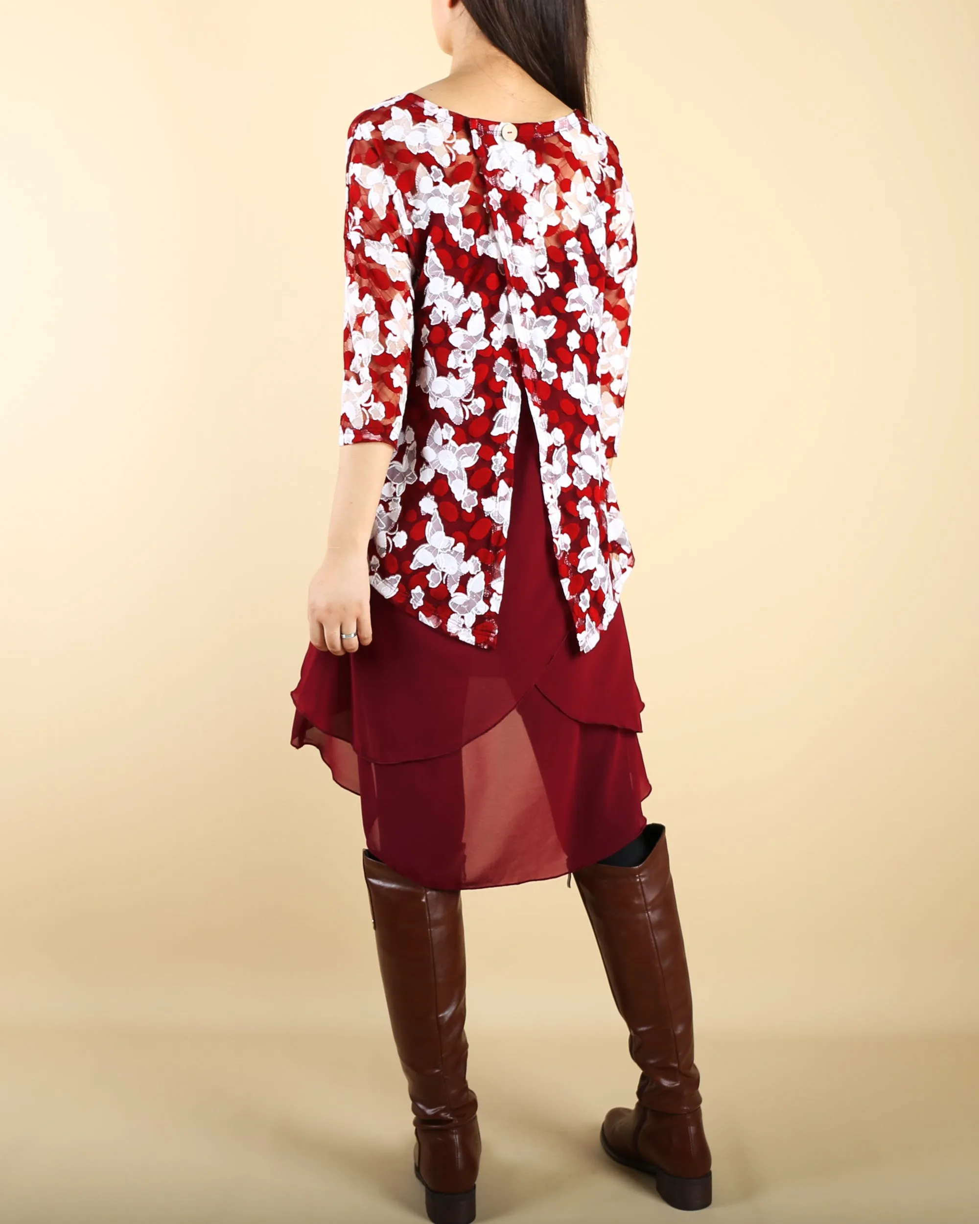 3/4 Sleeve lace Top/Maternity Tunic Dress/Oversize Chiffon Slip Dress/Plus Size Tunic Top(Q1801)