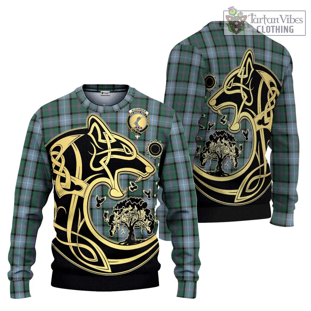 Alexander of Menstry Hunting Tartan Ugly Sweater with Family Crest Celtic Wolf Style