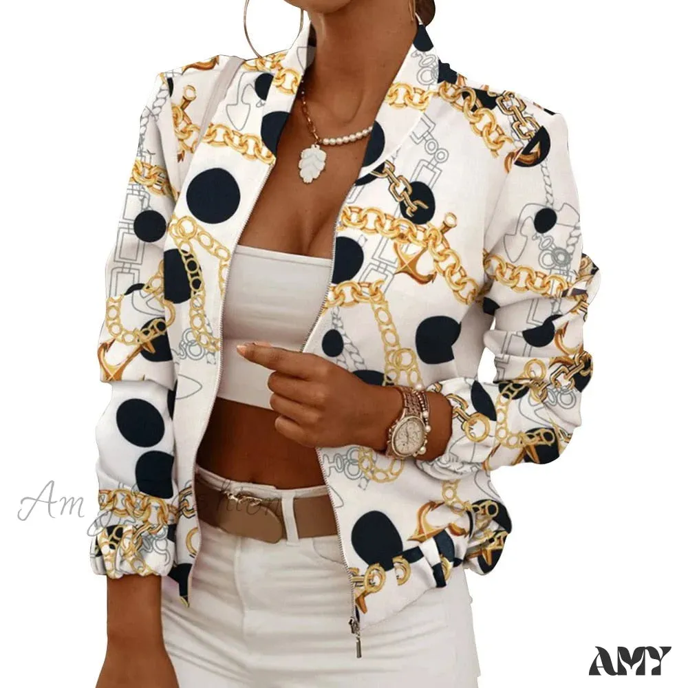 Amy Fashion - Flower Print Long Sleeve Bomber Jacket