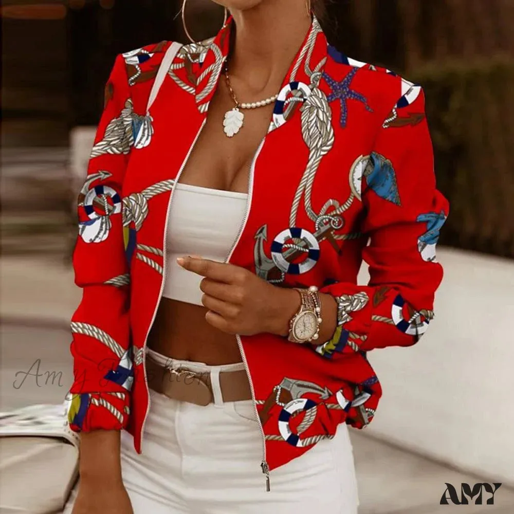 Amy Fashion - Flower Print Long Sleeve Bomber Jacket