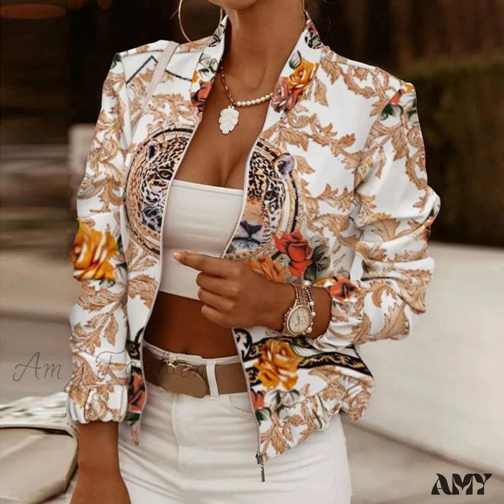 Amy Fashion - Flower Print Long Sleeve Bomber Jacket