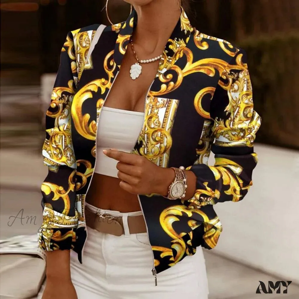 Amy Fashion - Flower Print Long Sleeve Bomber Jacket