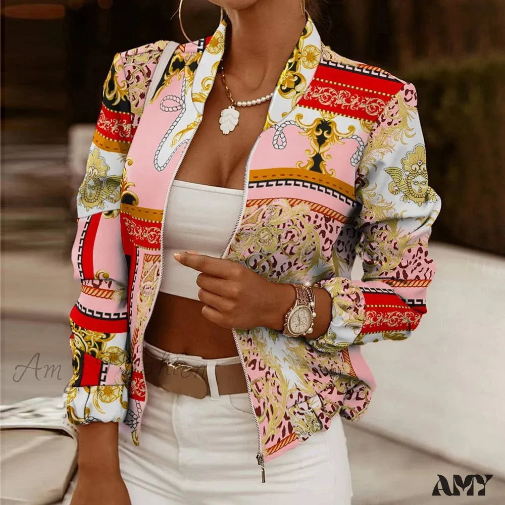 Amy Fashion - Flower Print Long Sleeve Bomber Jacket