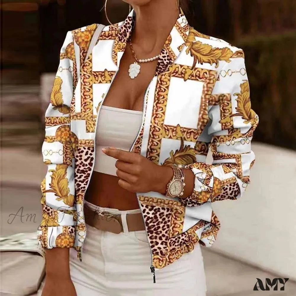 Amy Fashion - Flower Print Long Sleeve Bomber Jacket