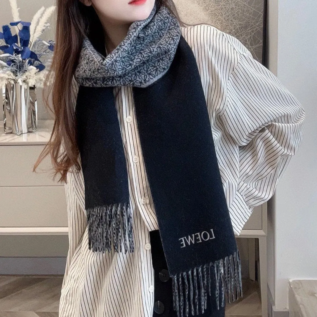 ANAGRAM DOUBLE-SIDED SCARF 182 CM IN BLACK MIX DOVE GRAY WOOL AND CASHMERE 357780