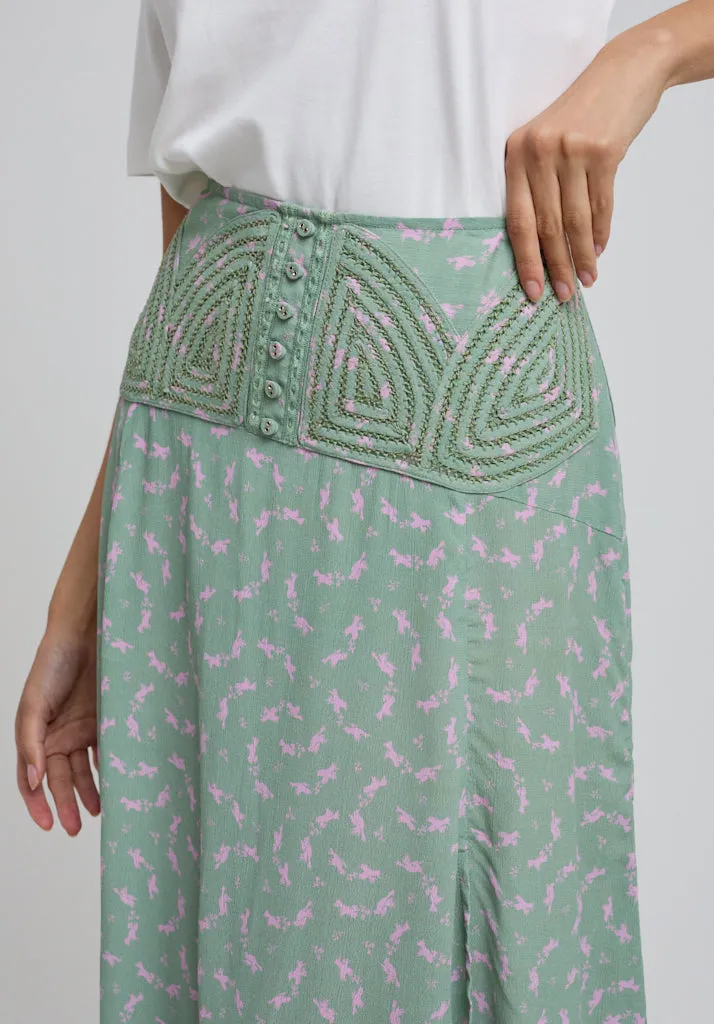 Aria Cutwork Detail Dove Print Midi Skirt In Green