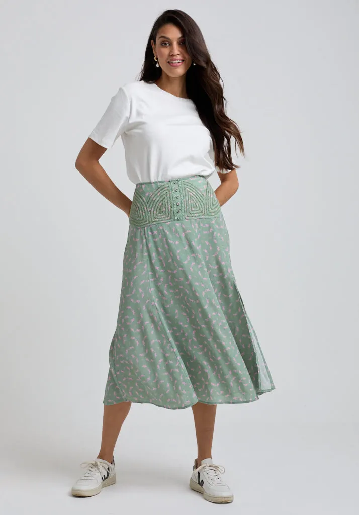 Aria Cutwork Detail Dove Print Midi Skirt In Green