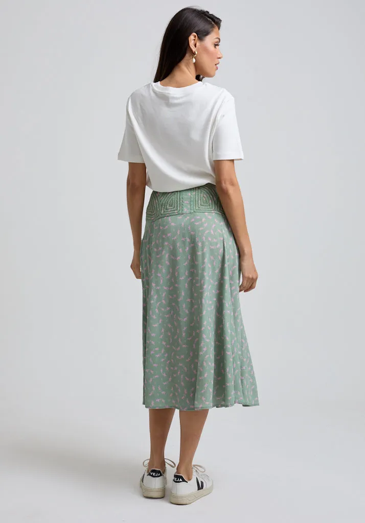 Aria Cutwork Detail Dove Print Midi Skirt In Green