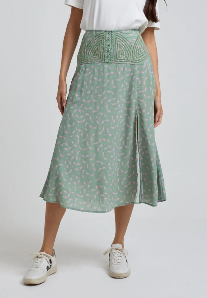 Aria Cutwork Detail Dove Print Midi Skirt In Green