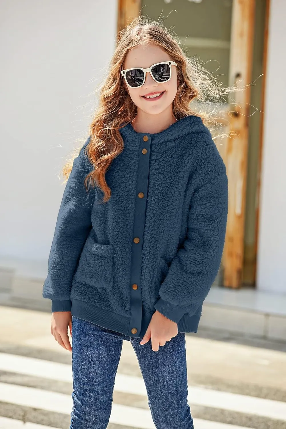 Arshiner Girls Fleece Sherpa Jacket Faux Shearling Fluffy Hooded Coat