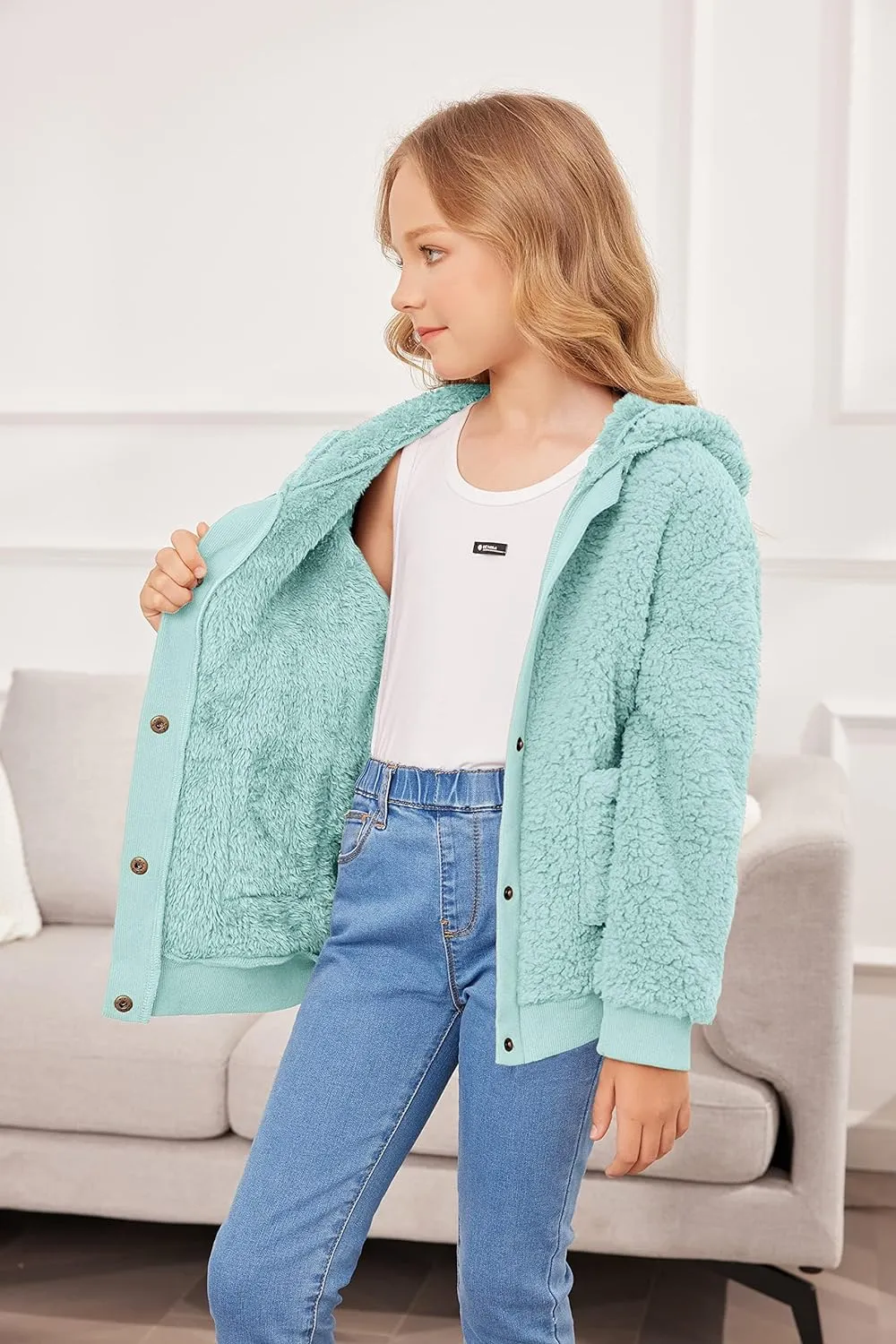 Arshiner Girls Fleece Sherpa Jacket Faux Shearling Fluffy Hooded Coat