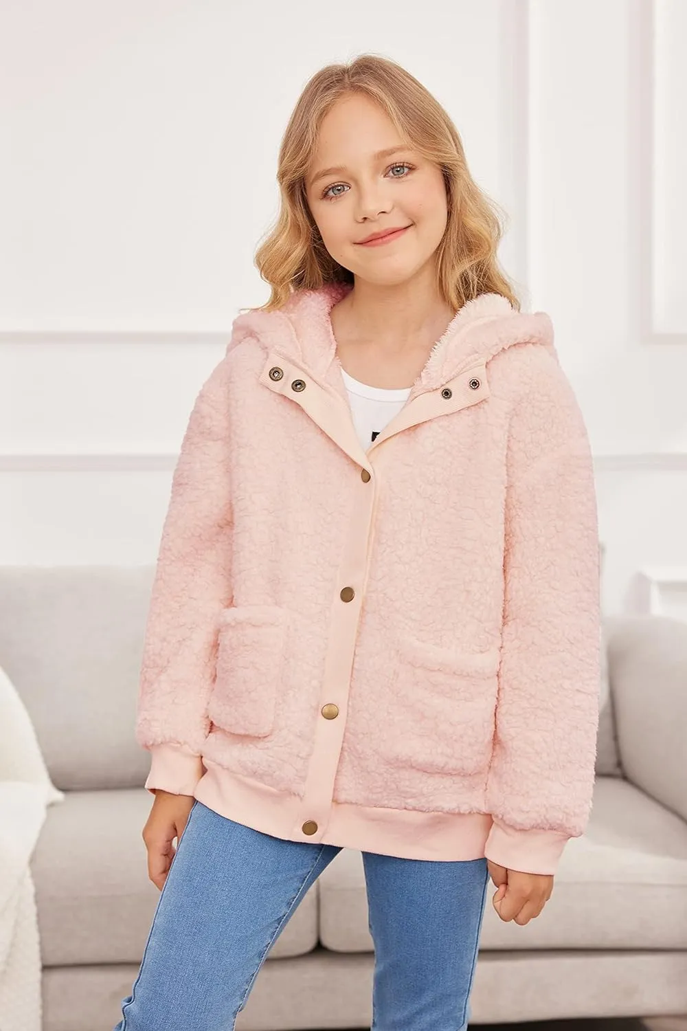 Arshiner Girls Fleece Sherpa Jacket Faux Shearling Fluffy Hooded Coat