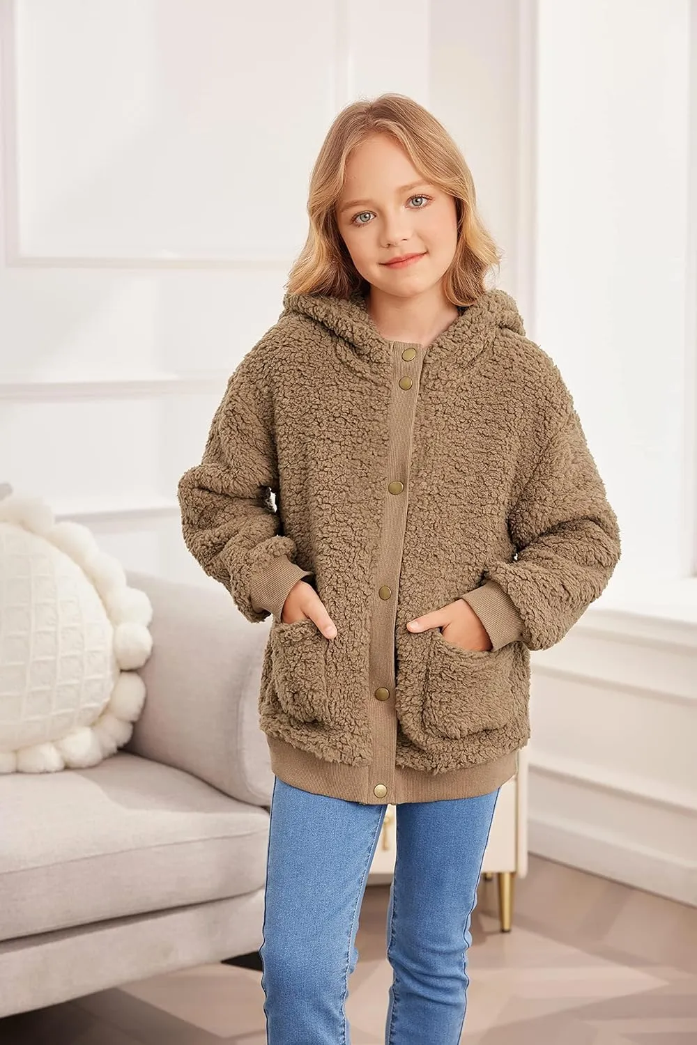 Arshiner Girls Fleece Sherpa Jacket Faux Shearling Fluffy Hooded Coat