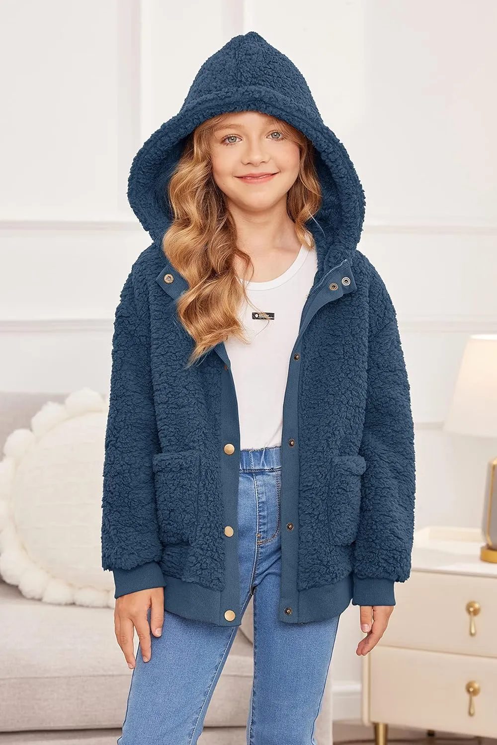 Arshiner Girls Fleece Sherpa Jacket Faux Shearling Fluffy Hooded Coat