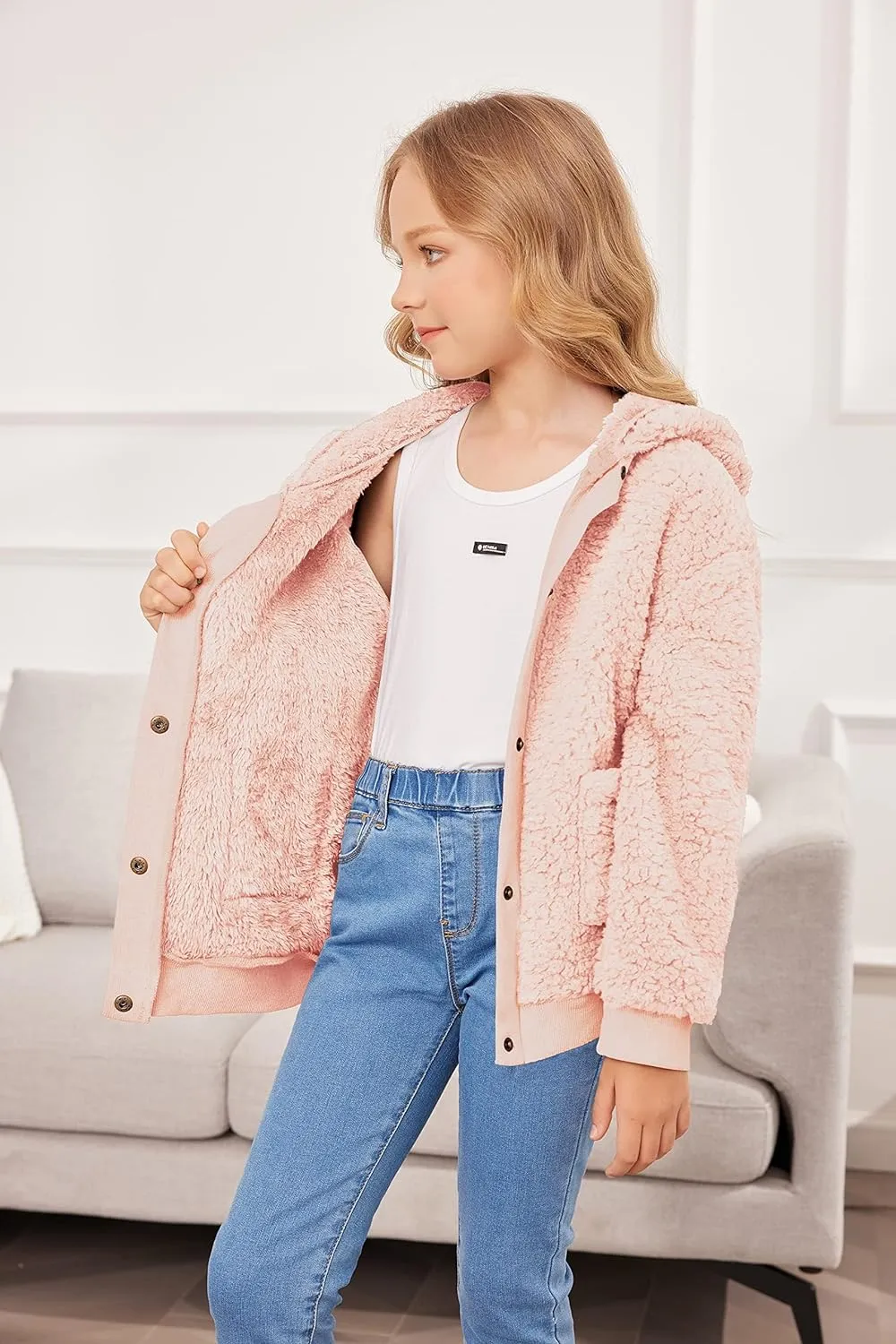 Arshiner Girls Fleece Sherpa Jacket Faux Shearling Fluffy Hooded Coat