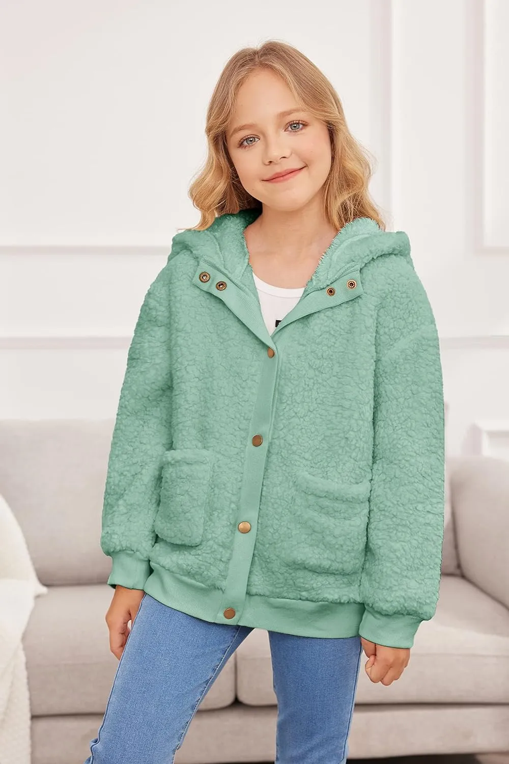 Arshiner Girls Fleece Sherpa Jacket Faux Shearling Fluffy Hooded Coat