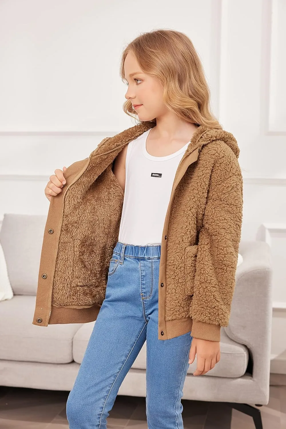 Arshiner Girls Fleece Sherpa Jacket Faux Shearling Fluffy Hooded Coat