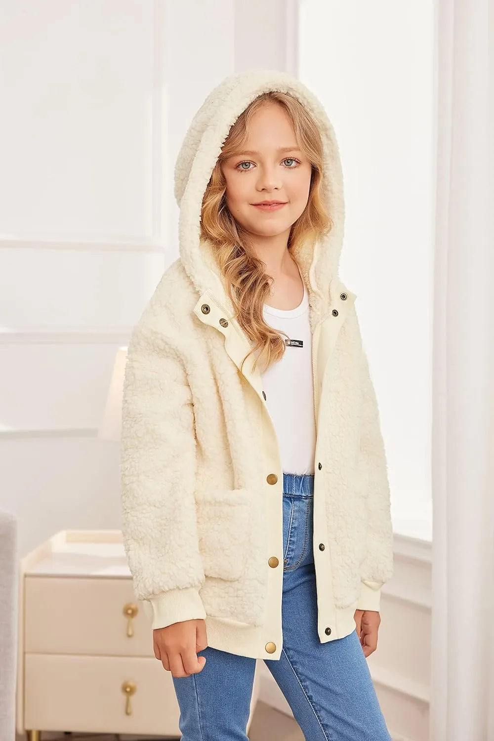 Arshiner Girls Fleece Sherpa Jacket Faux Shearling Fluffy Hooded Coat