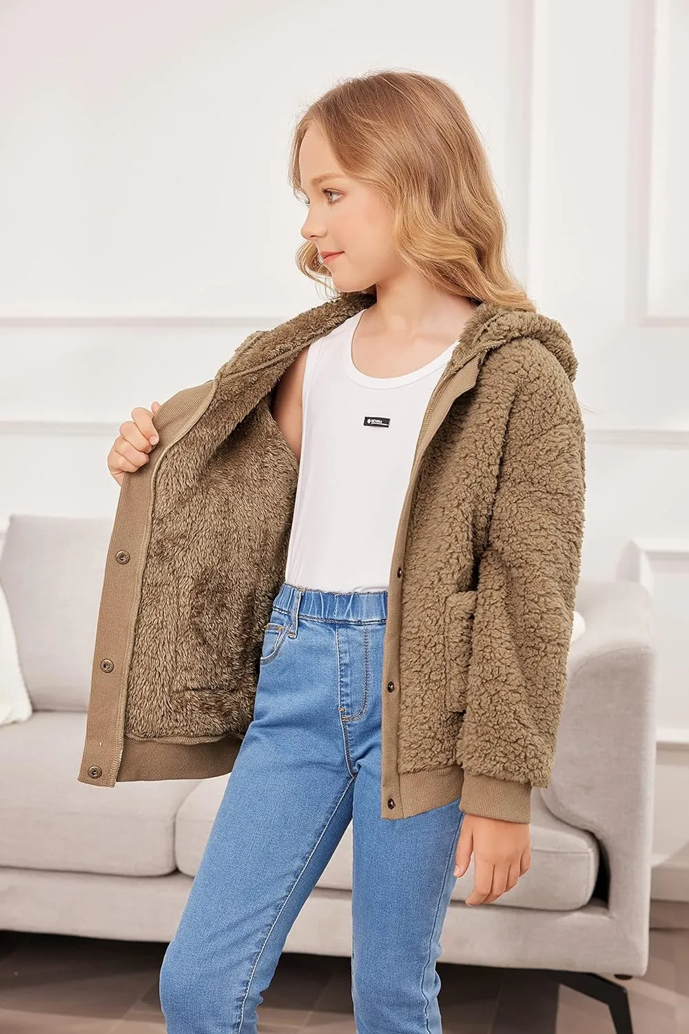 Arshiner Girls Fleece Sherpa Jacket Faux Shearling Fluffy Hooded Coat