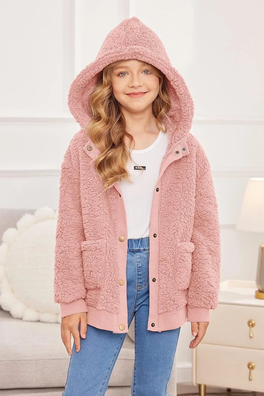 Arshiner Girls Fleece Sherpa Jacket Faux Shearling Fluffy Hooded Coat