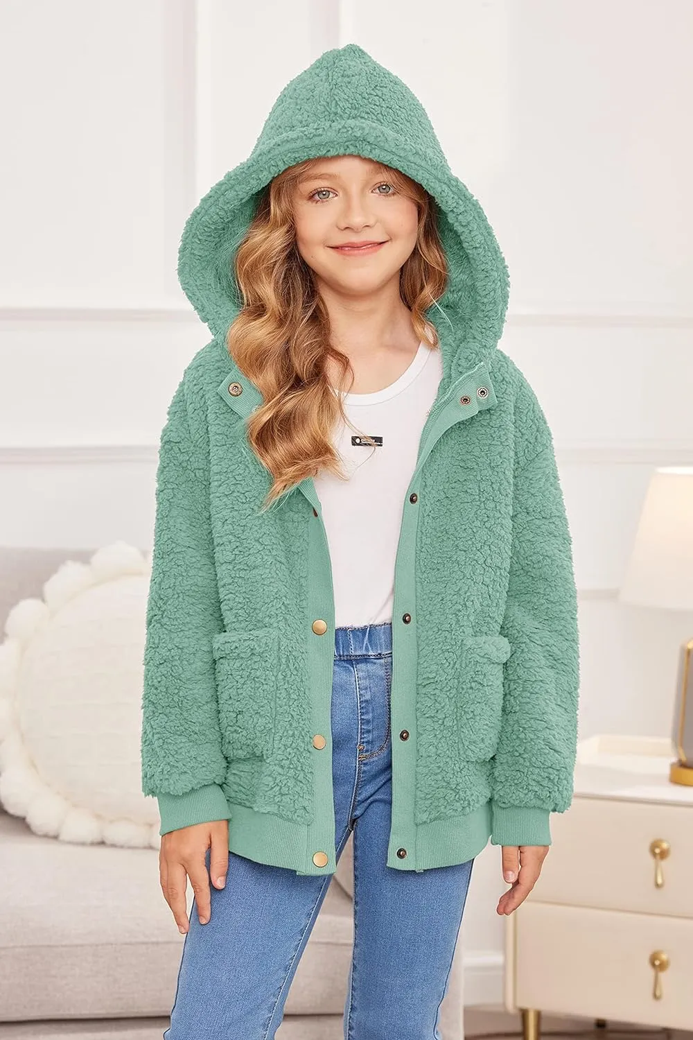 Arshiner Girls Fleece Sherpa Jacket Faux Shearling Fluffy Hooded Coat