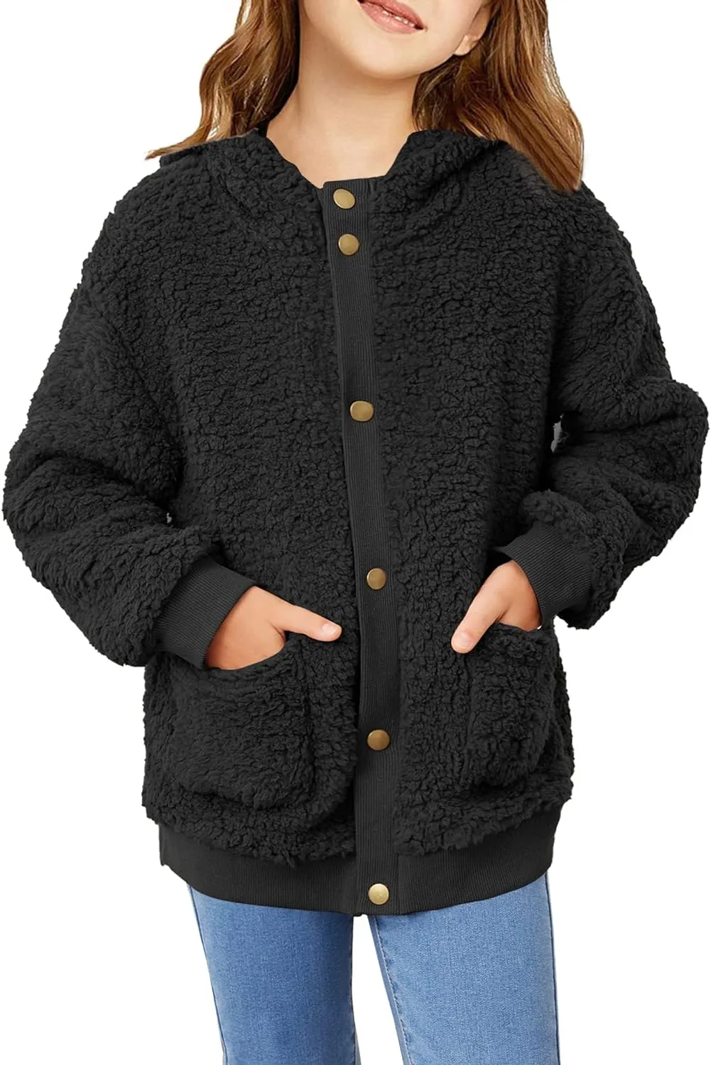 Arshiner Girls Fleece Sherpa Jacket Faux Shearling Fluffy Hooded Coat