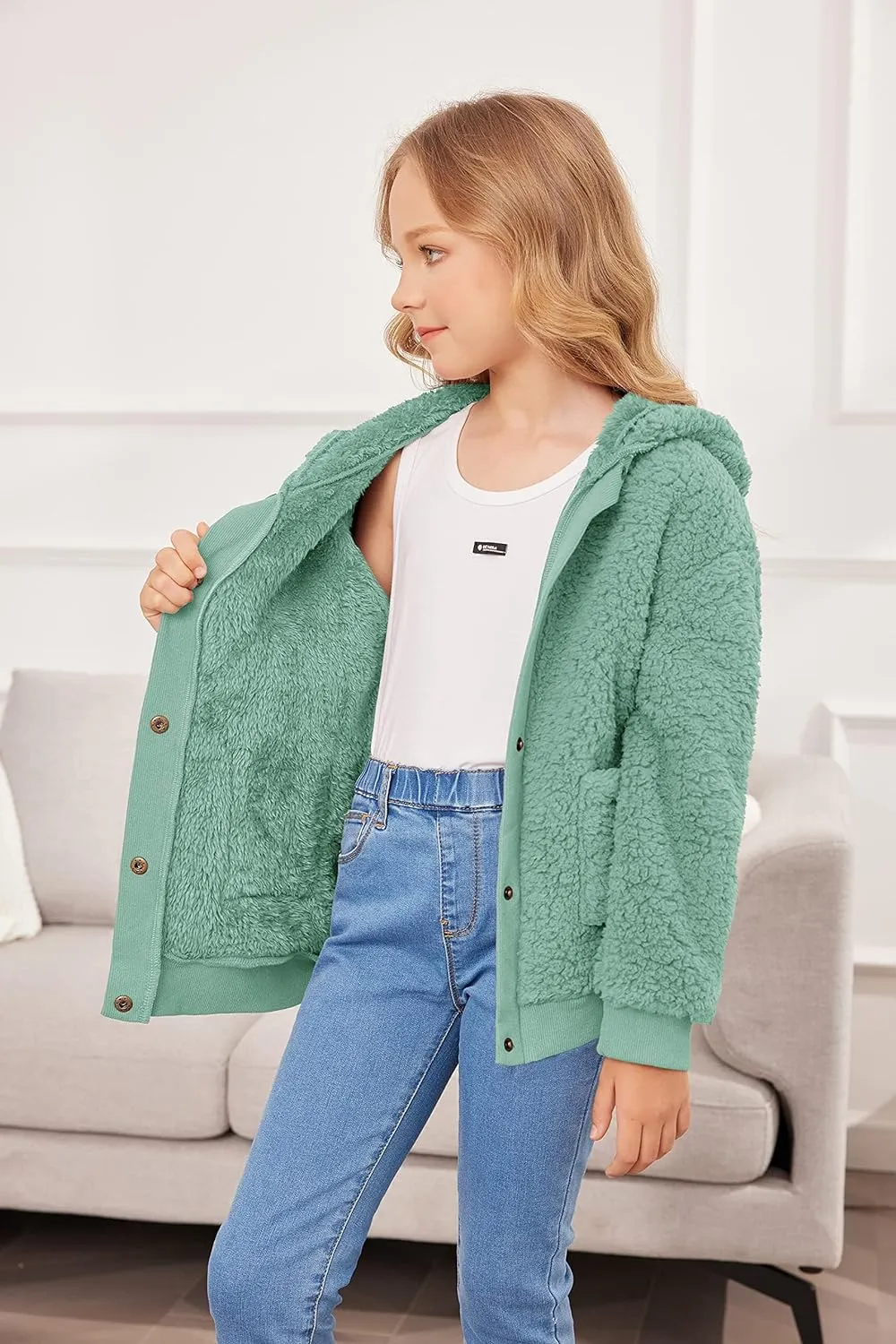 Arshiner Girls Fleece Sherpa Jacket Faux Shearling Fluffy Hooded Coat