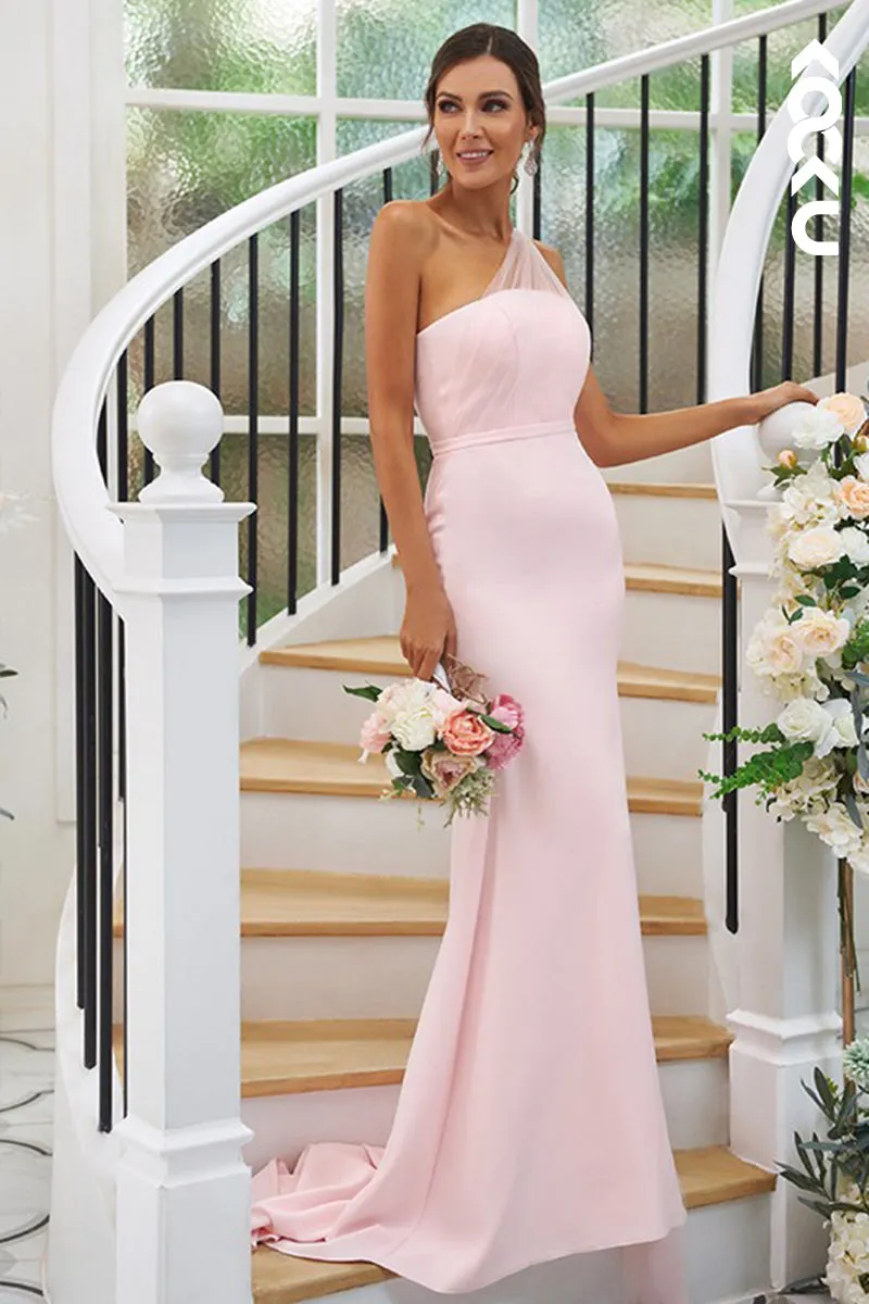 B4035 - One Shoulder Satin Sheath Long Bridesmaid Dress With Tulle Shawl