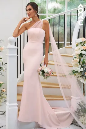 B4035 - One Shoulder Satin Sheath Long Bridesmaid Dress With Tulle Shawl