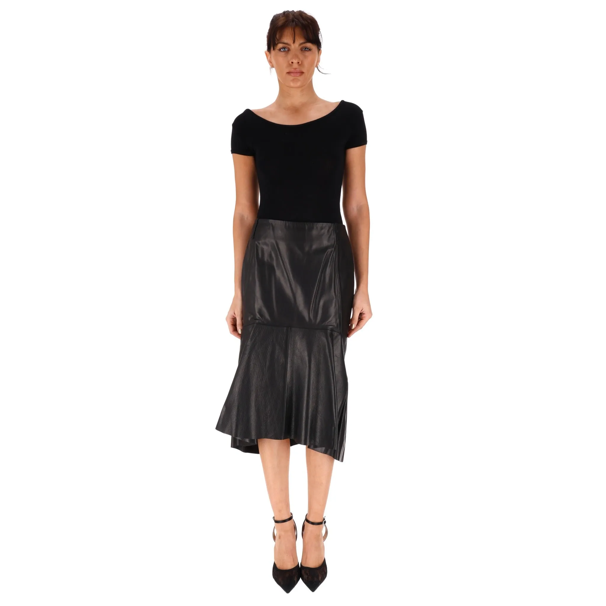 Balenciaga Leather Godet Skirt. Size 38FR