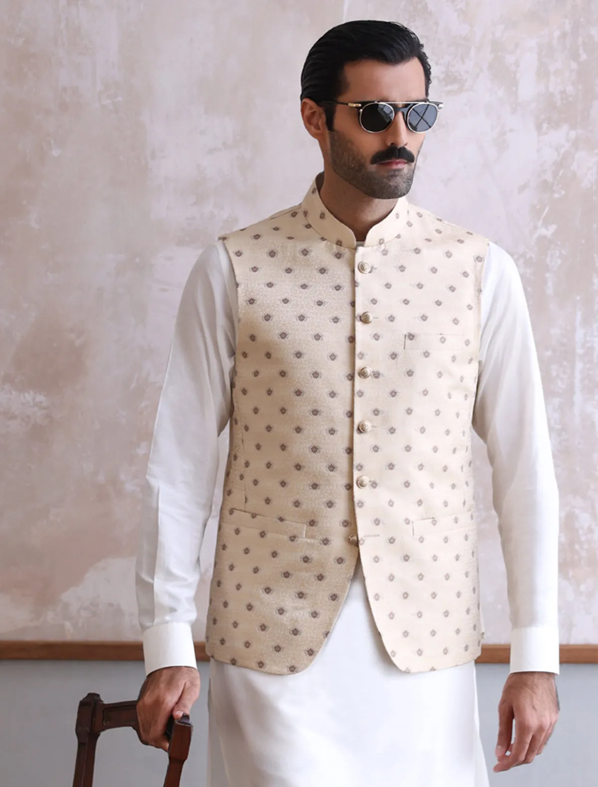 Beige Jamawar Waist Coat-S