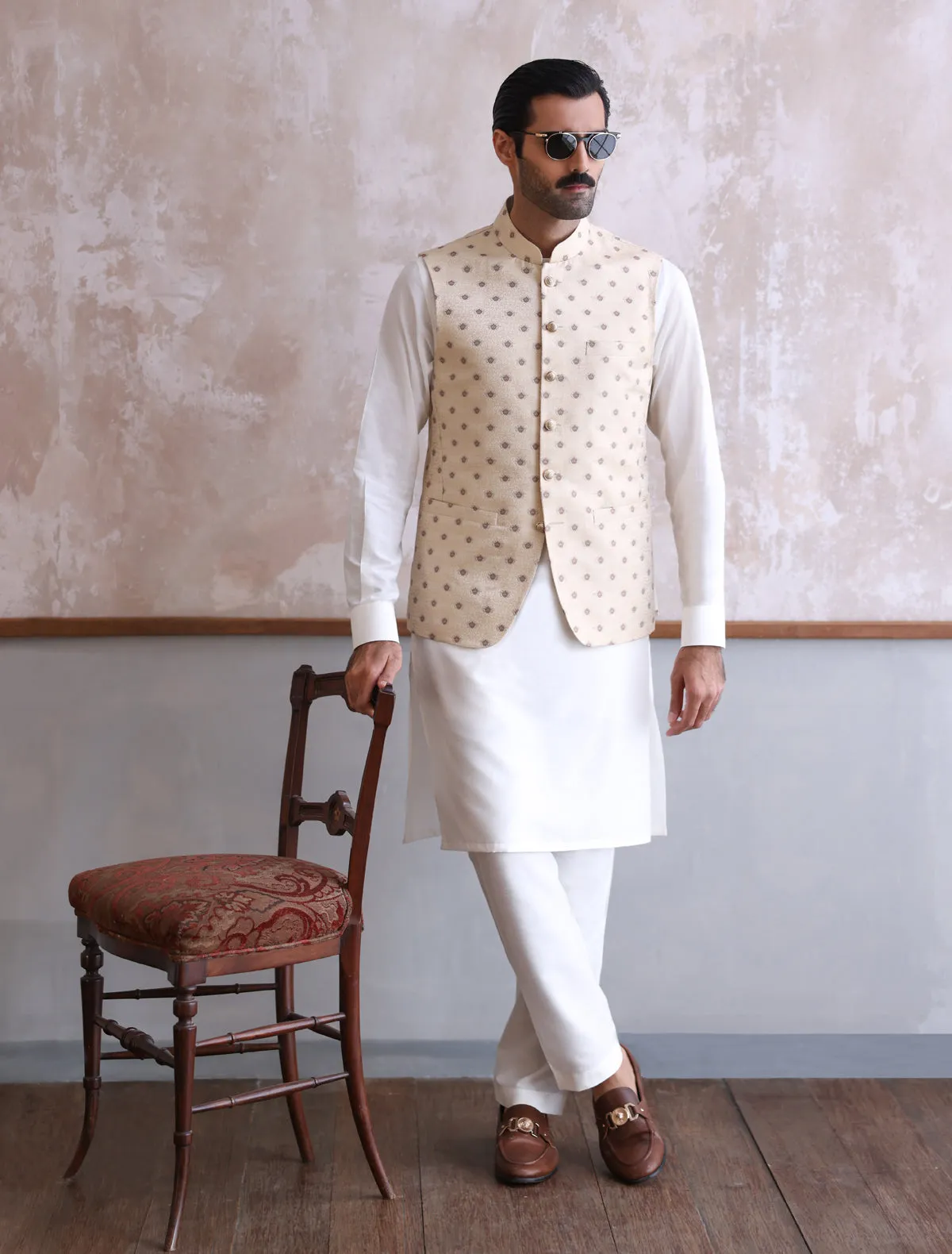 Beige Jamawar Waist Coat-S