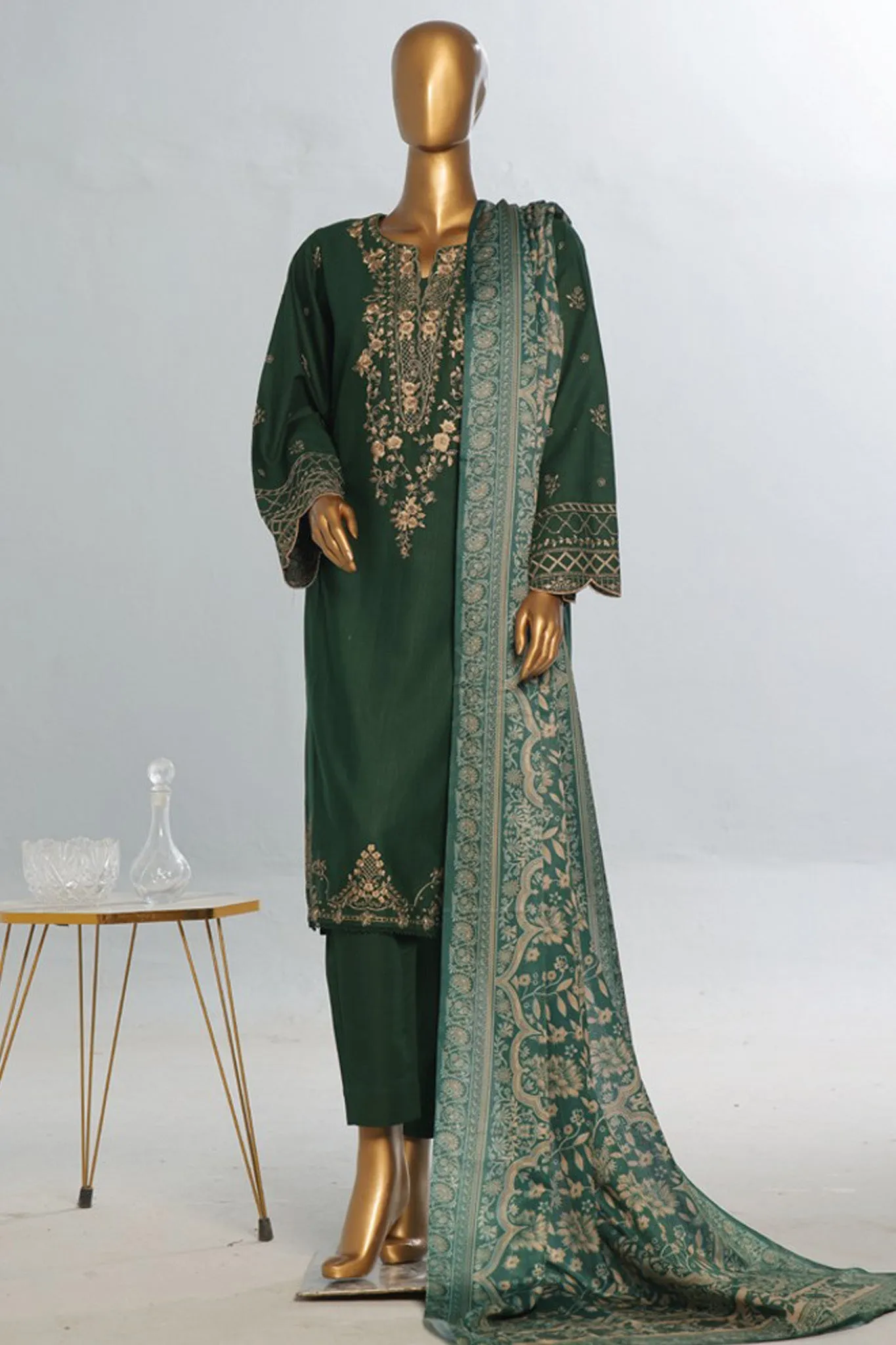 Bin Saeed Stitched 3 Piece Luxury Emb Khaddar With Shawl Collection'2024-WKK-1205-Green