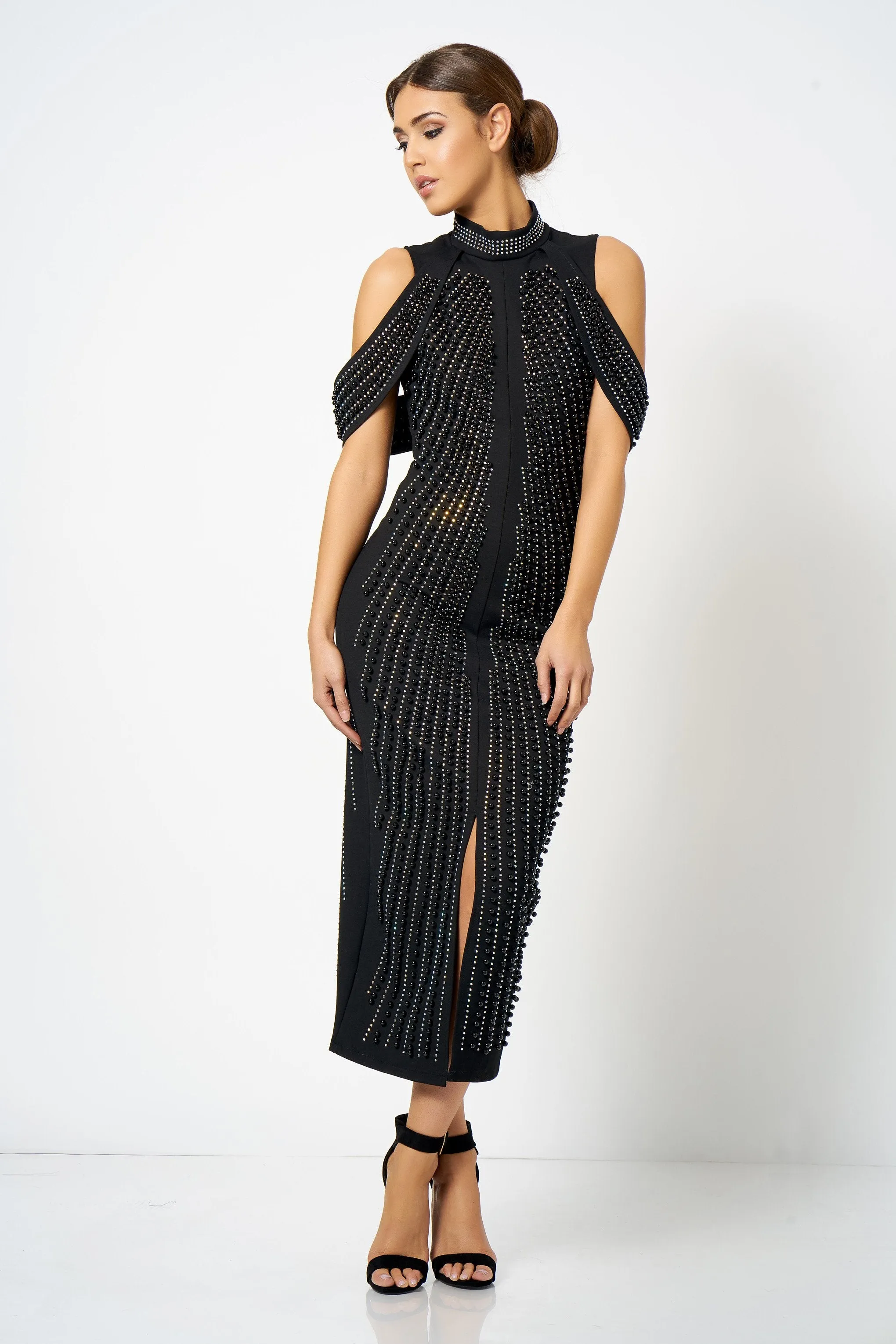 Black Embellished Split Front Maxi Dress