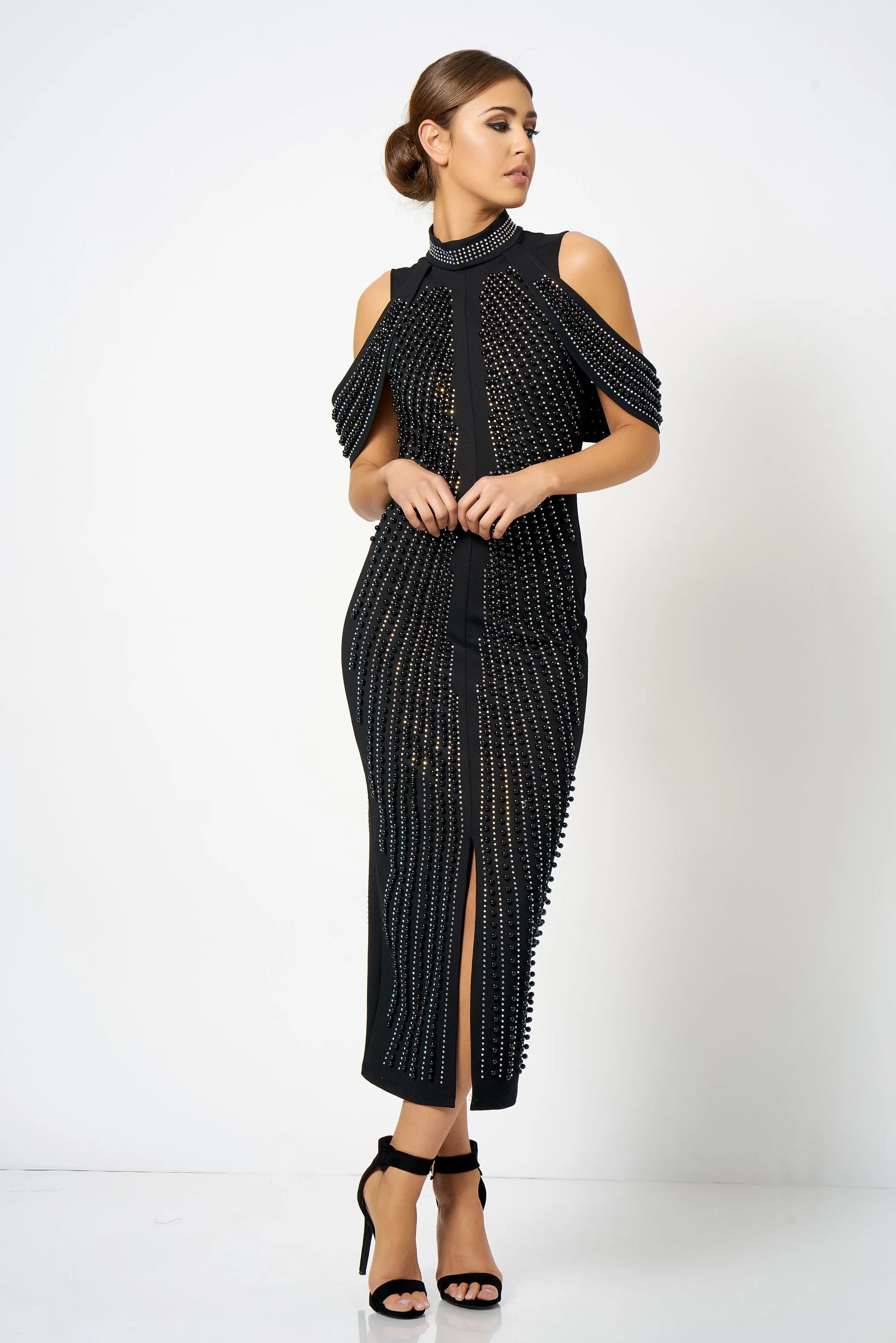 Black Embellished Split Front Maxi Dress