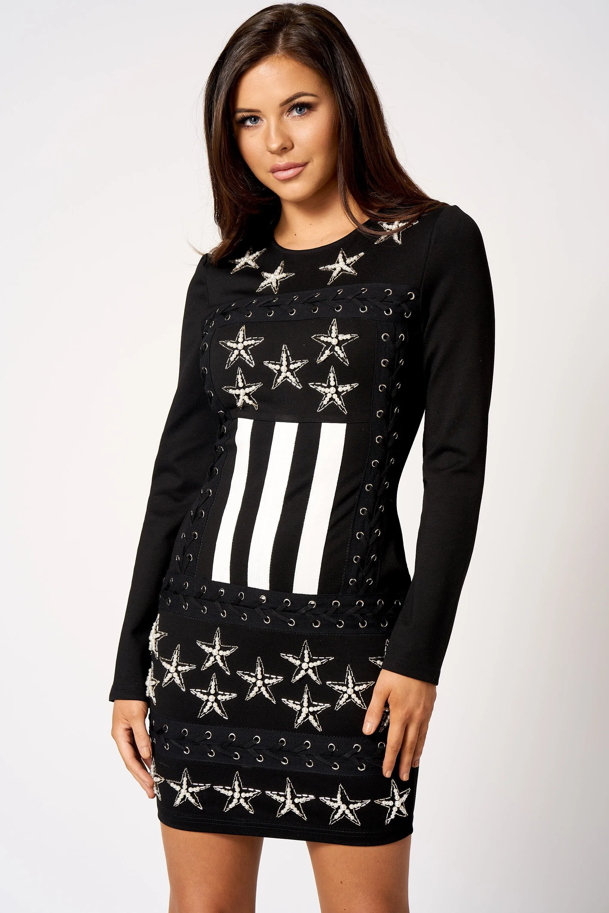 Black Embellished Star Mini Bodycon Dress