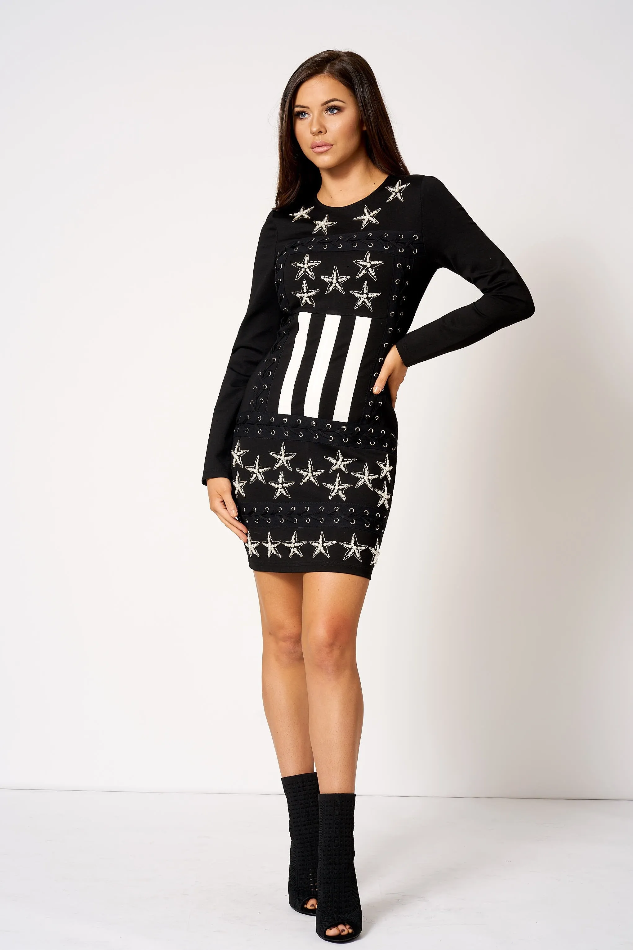 Black Embellished Star Mini Bodycon Dress